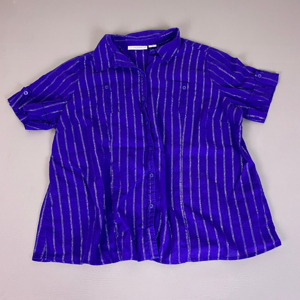 Sag Harbor Button Up Top Woman 2X Royal Blue Silver Metallic Stripe Short Sleeve